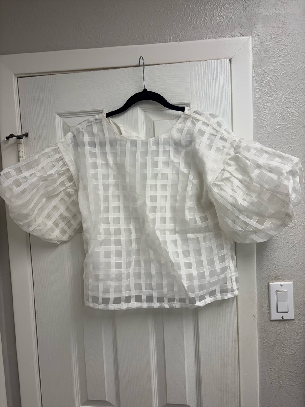 TCEC White Sheer Grid Puff-Sleeve Blouse